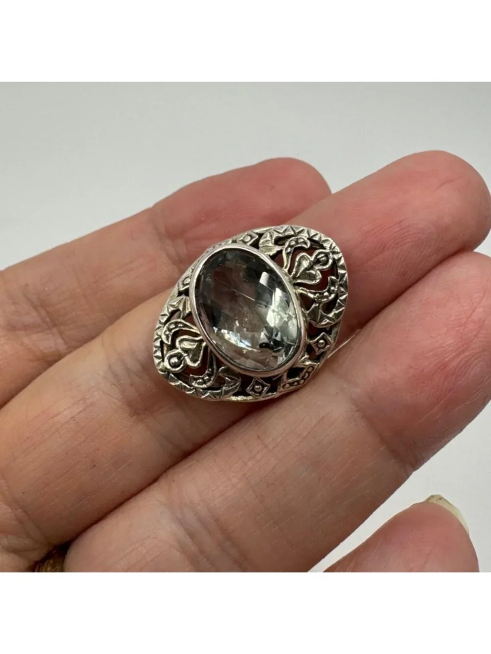 Green Amethyst Scroll Heart Design Statement Ring Sterling Silver 925 Size 6.75